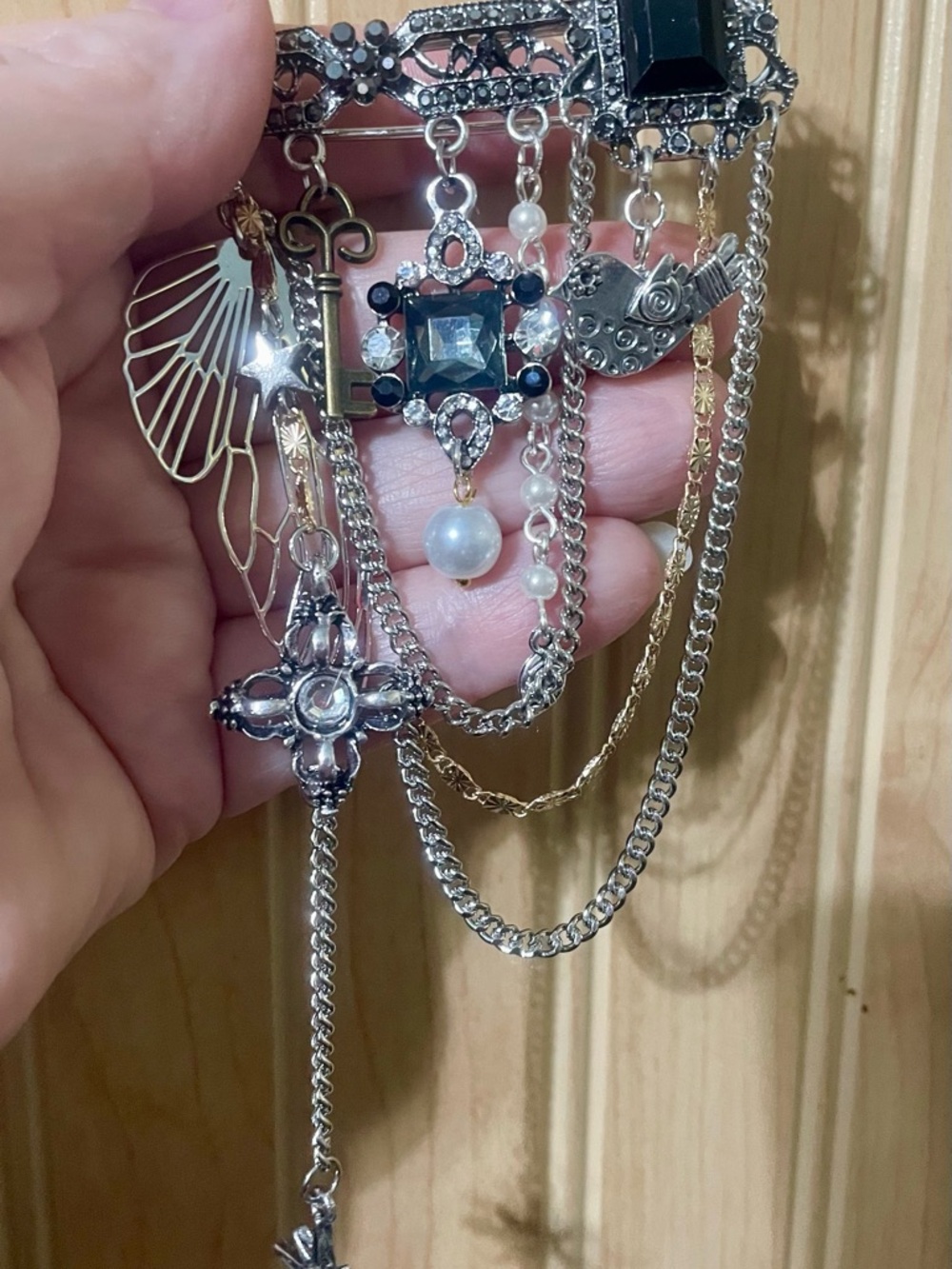 Multi-Chain Brooch Pin with Charms and Gems - Picture 3 of 8